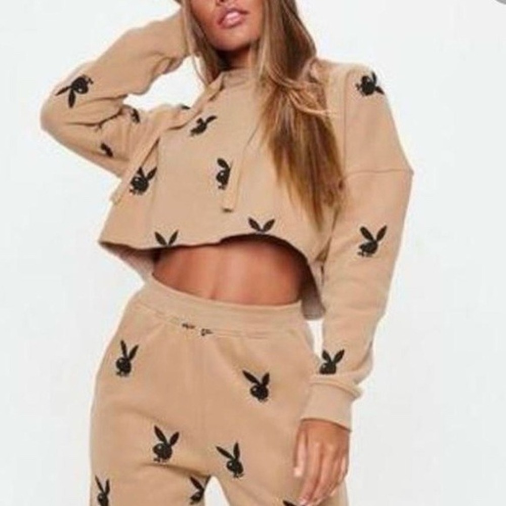 Missguided‎ x Playboy Bunny Tan Crop Long Sleeve Hoodie Tan Black Brown Lounge 2
